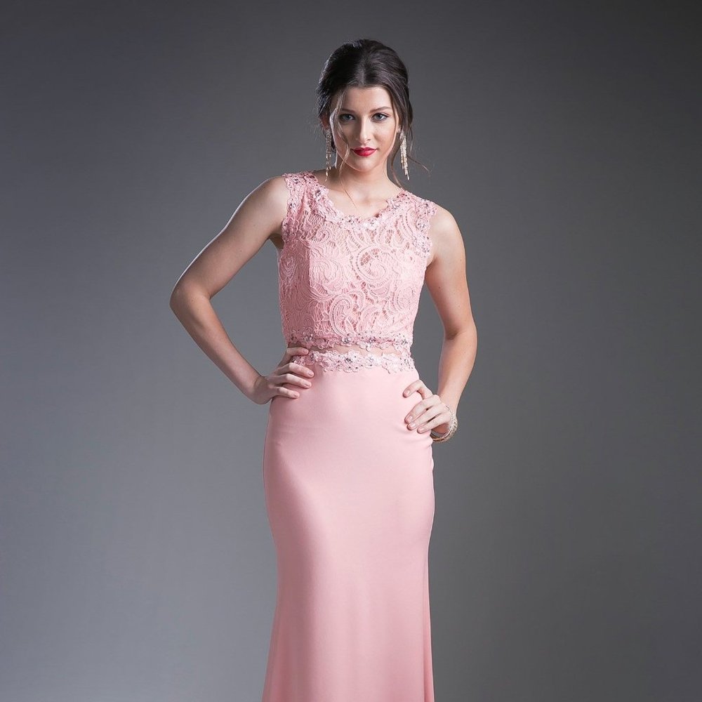 Cinderella Pink Lace Beaded Waist Prom Gown